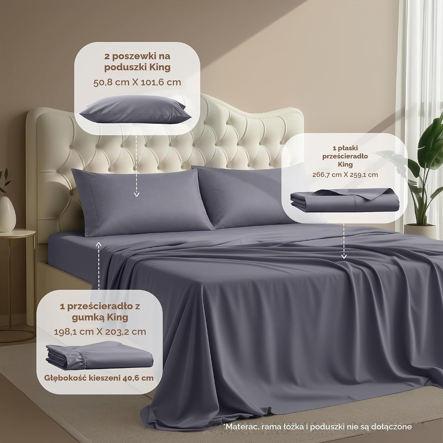 Detalle de Utopia Bedding – 2 komplety pościeli King z mikrofibry, szare, szczotkowane