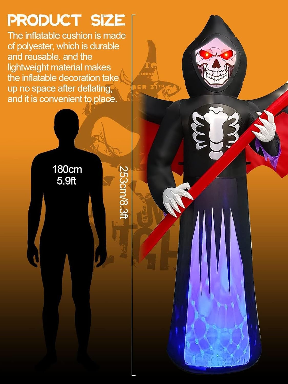 Detalle de Kalolary Inflatable 8.3FT Halloween Grim Reaper with Rotating LED Lights