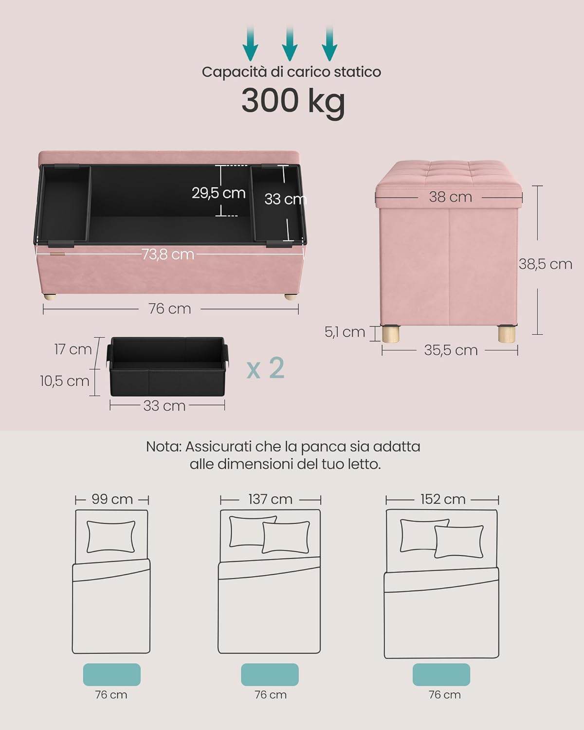 Detalle de Songmics Pouf contenitore cassapanca pieghevole LSF0517R01 in velluto rosa pastello, 77 L