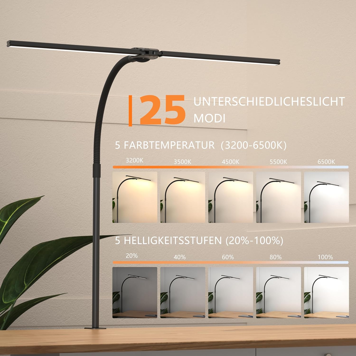 Thumbnail 3 de Doppelkopf Schreibtischlampe LED Dimmbar – 1200 Lumen, 5 Farbtemperaturen, 5 Helligkeiten, Klemme