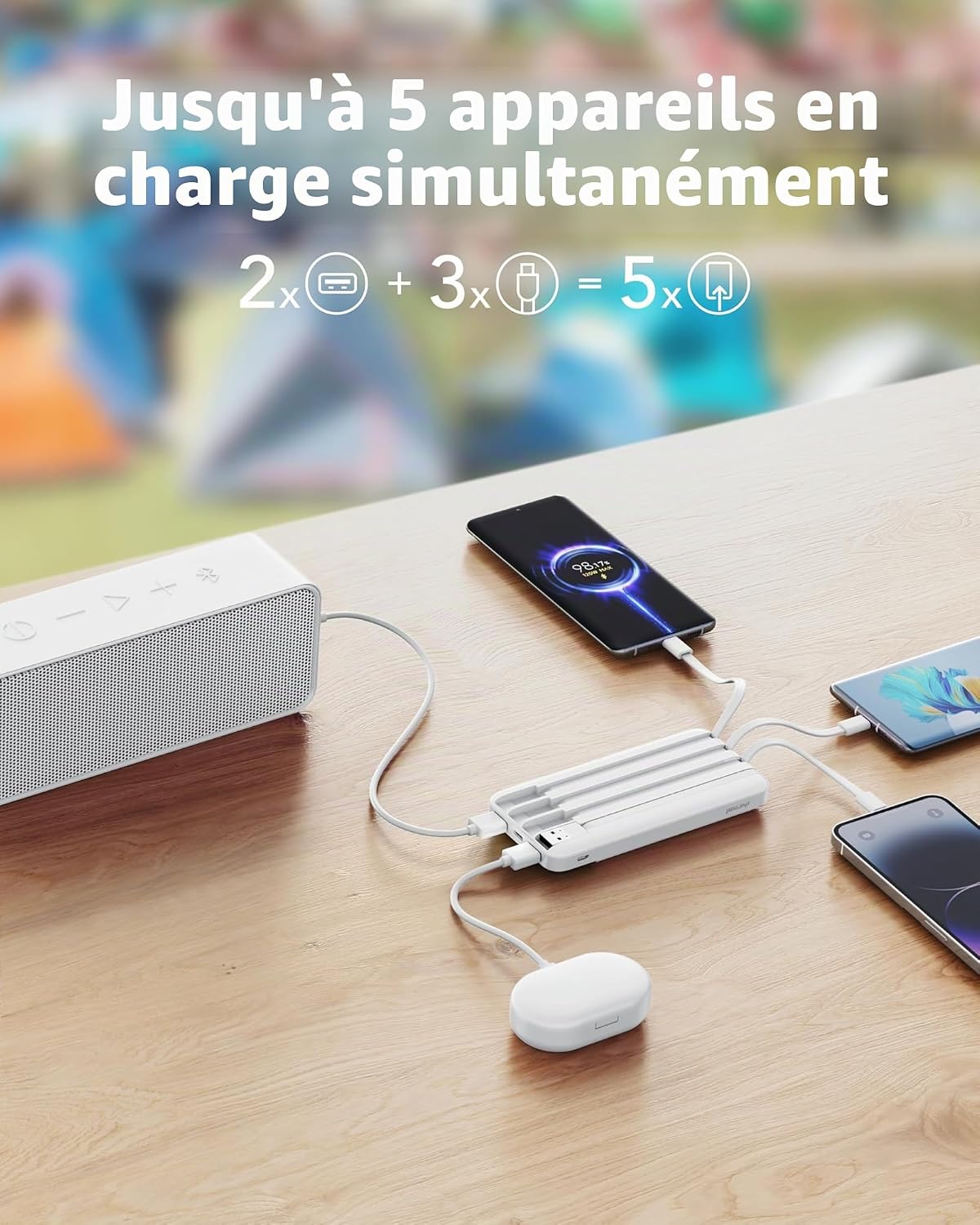 Detalle de Charmast Batterie Externe 20000mAh avec câbles intégrés et charge rapide 22,5 W — 6 sorties, 4 entrées
