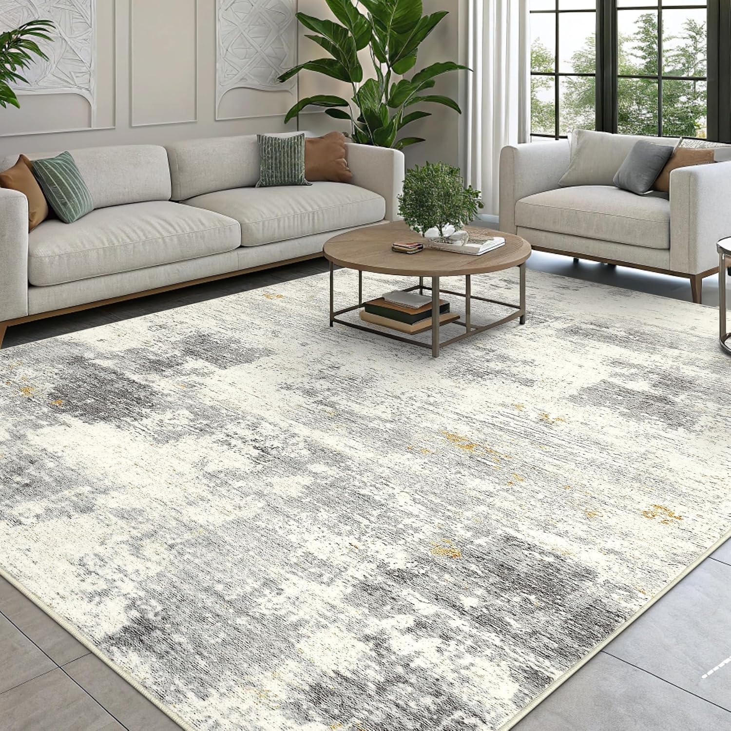 Detalle de smiry Moderner abstrakter Teppich für Wohnzimmer, 160x220 cm, waschbar & rutschhemmend (Beige)