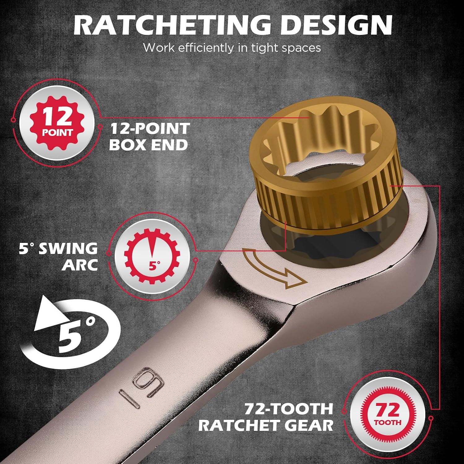 Thumbnail 2 de SEDY 12-Piece Metric Ratcheting Wrench Set, 8mm–19mm, 72-Tooth