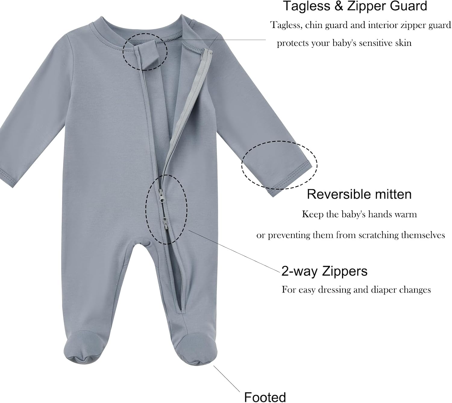 Detalle 2 de Aablexema Organic Cotton Baby Footie Pajamas, 3-Piece Set with 2-Way Zippers