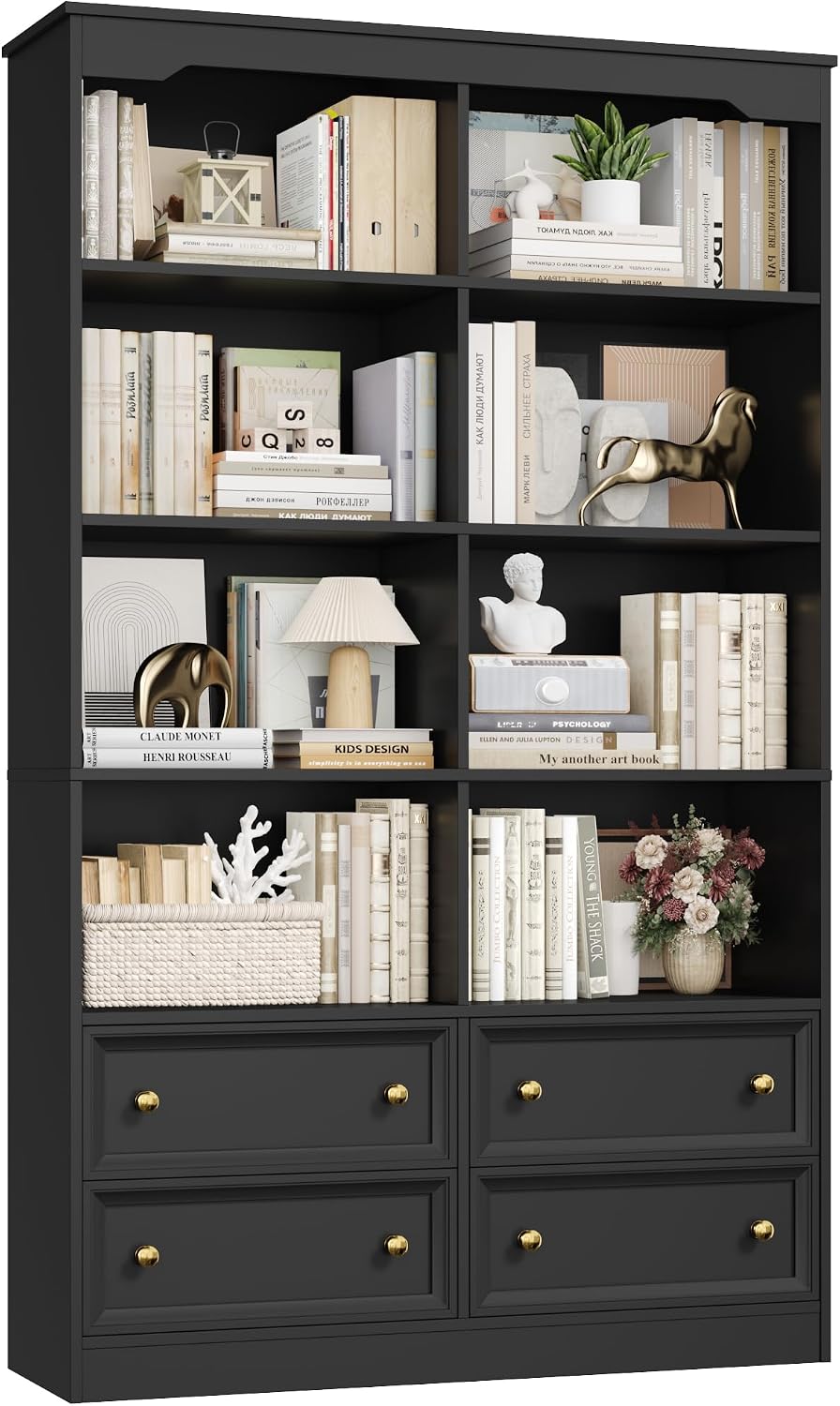 Detalle de FirFurd P124 Bookcase, 8 Compartments and 4 Drawers, Black, 100 x 30 x 180 cm