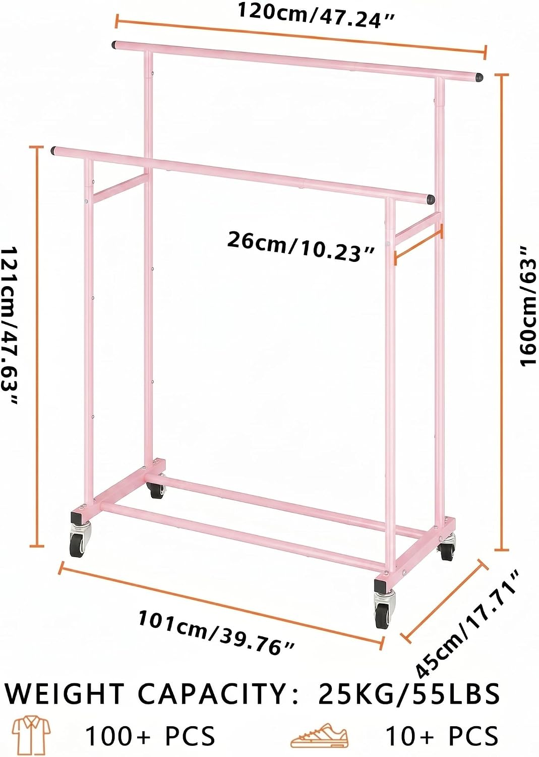 Detalle de Calmootey Rolling Garment Rack, Double-Rod Pink Metal Clothes Organizer