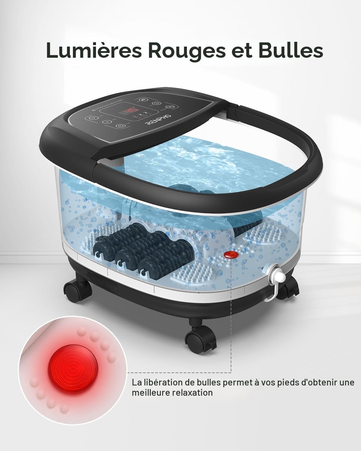 Detalle de Bain de pieds hydromasseur RENPHO avec chauffage rapide, massage automatique et jets de bulles