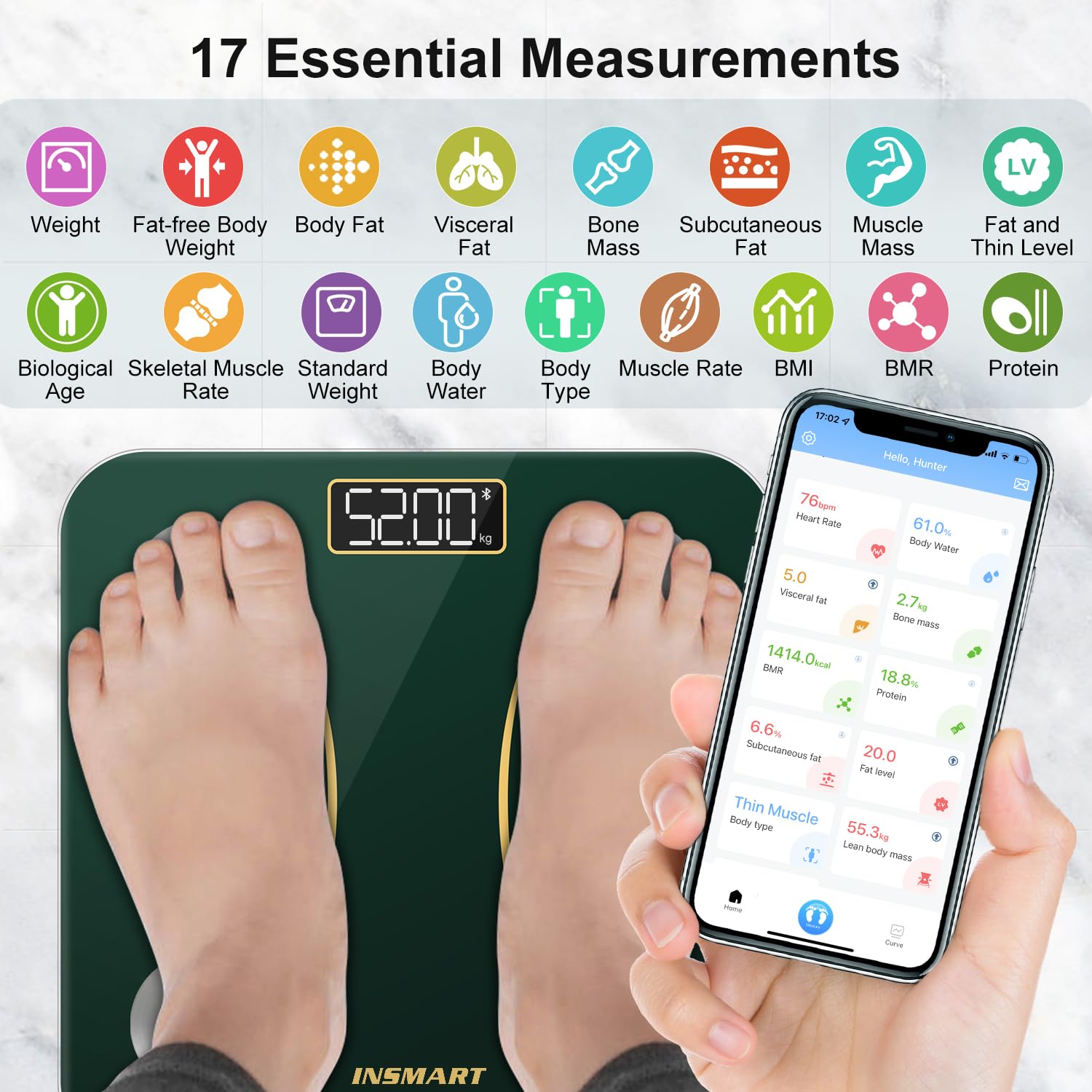 Detalle 2 de INSMART 260H-Green-AU Bluetooth Body Composition Scale, Green, 180 kg