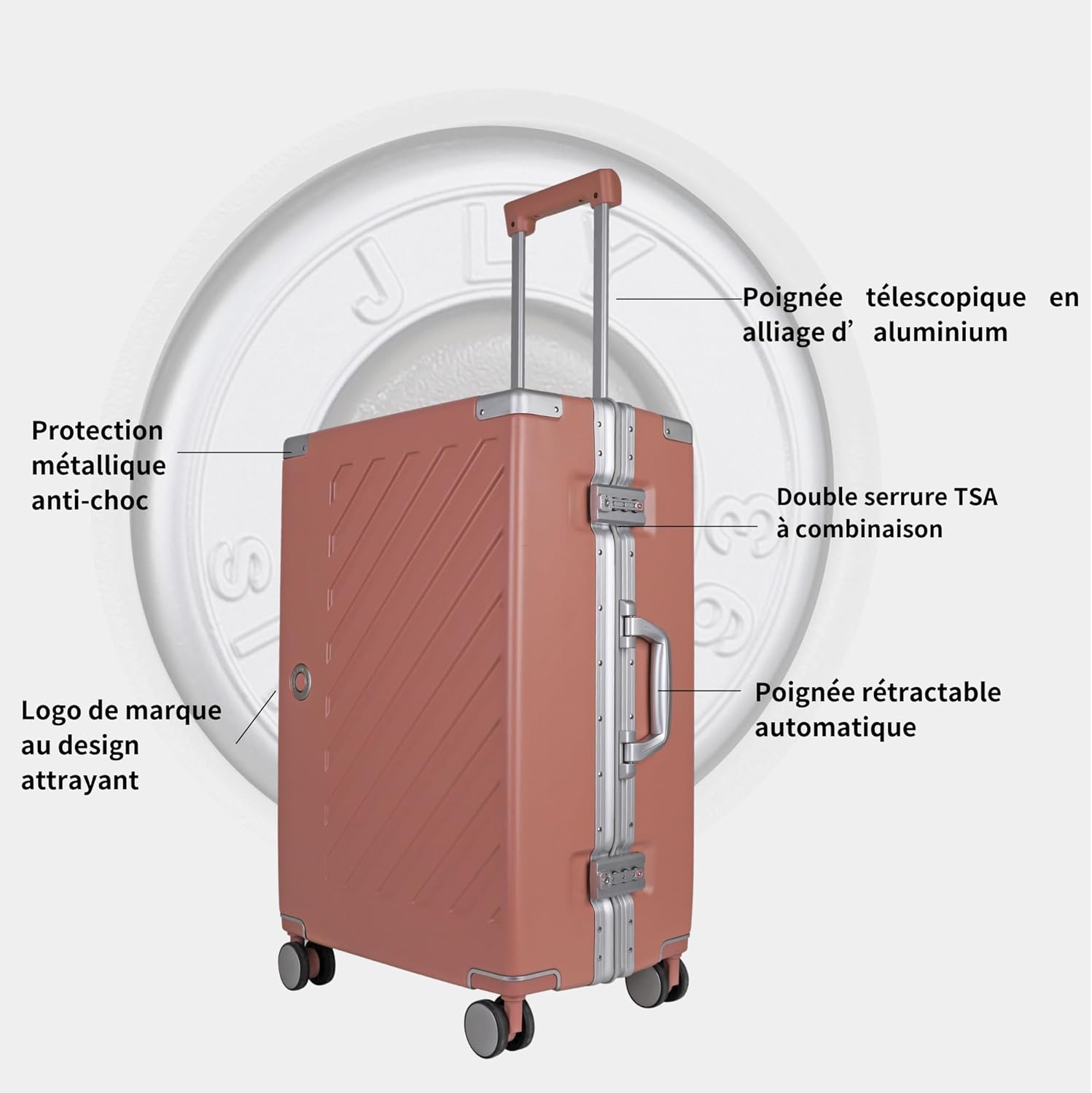 Detalle de 100% Polycarbonate Zipperless Small Suitcase (Pink) – 34L Carry-On, 4.1kg, 5 Wheels