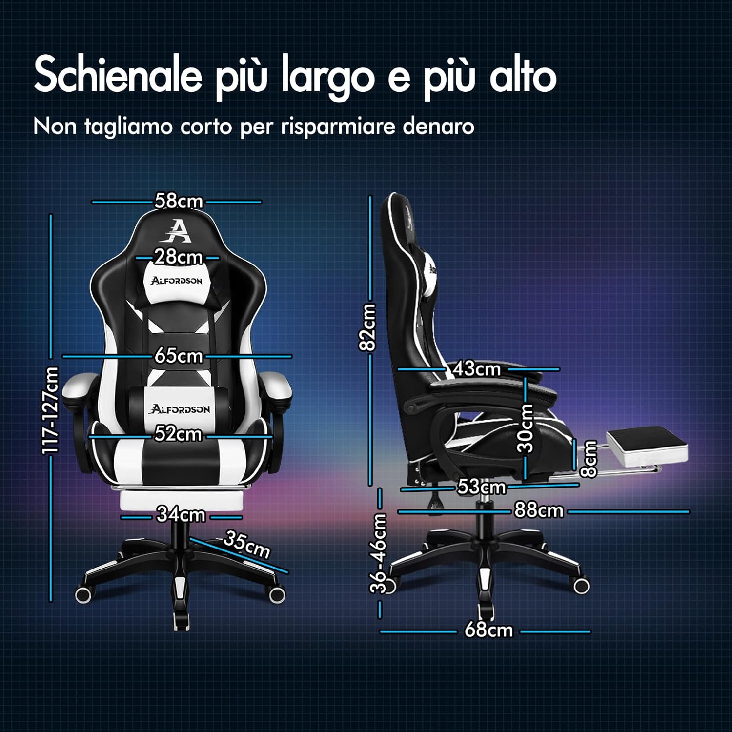 Detalle de ALFORDSON Sedia da Gaming Massaggiante con Poggiapiedi Telescopico e Supporto Lombare – Ergonomica, Bianca