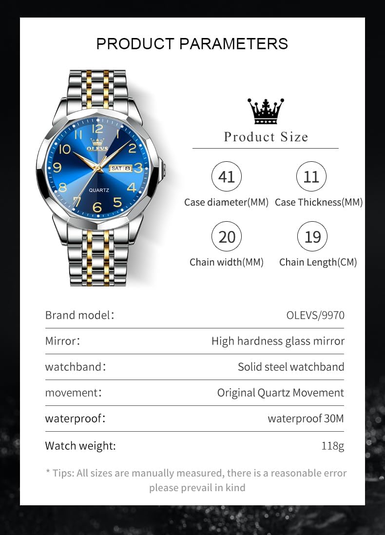 Detalle de Montre homme OLEVS Quartz Index Diamants en acier inoxydable, étanche 30 m, lumineuse et date