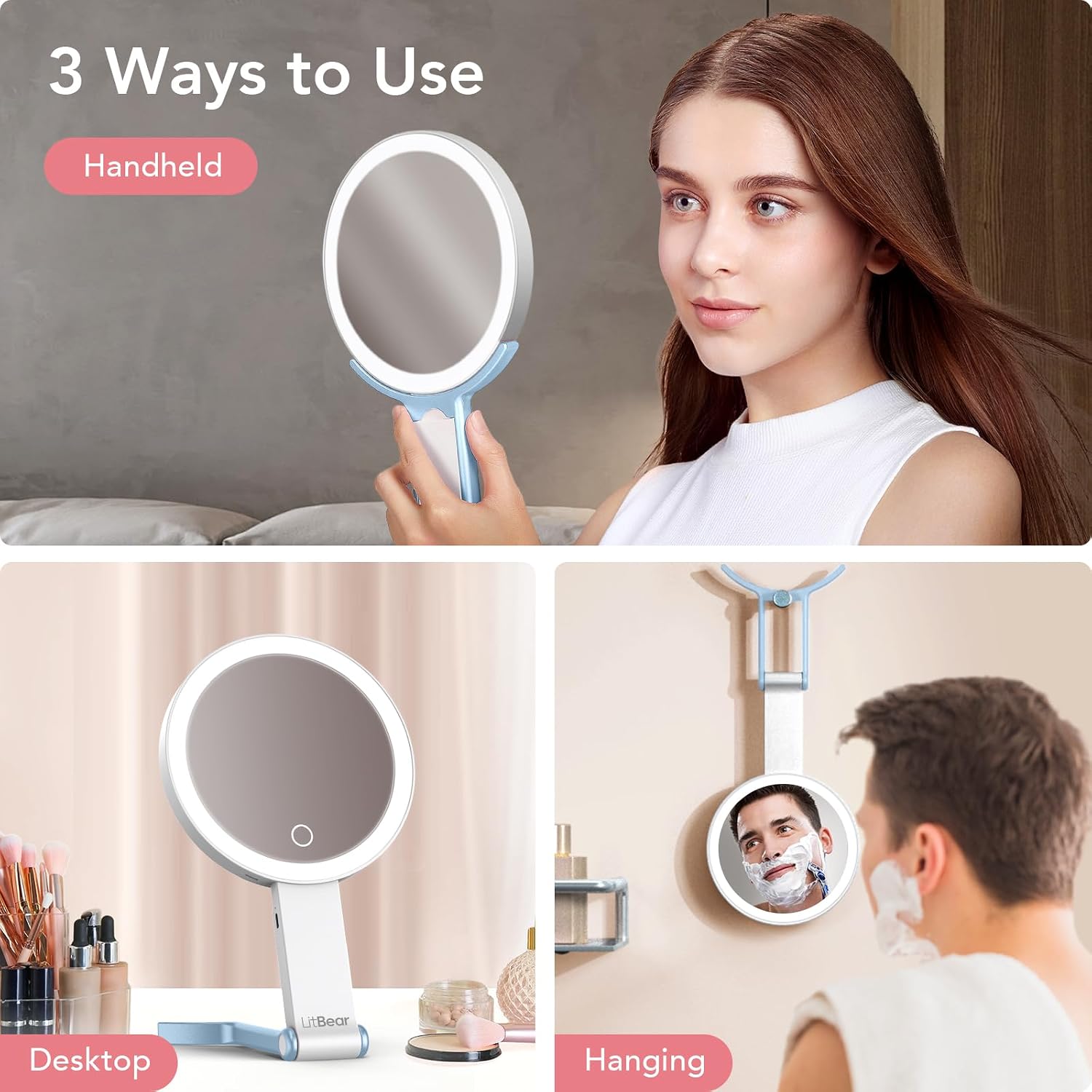 Detalle de LitBear LB-MM01 Travel Makeup Mirror, Rechargeable 10X/1X LED, Blue