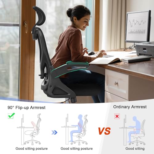 Detalle de YONISEE Office Chair - Ergonomic High Back Mesh Desk Chair with Adjustable Lumbar Support, Headrest and Flip-up Armrests
