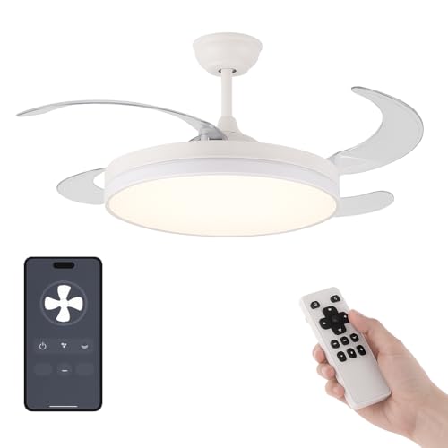 Detalle de Ventilador de techo con luz LED y APP móvil TODOLAMPARA.COM TRACE blanco (DC, retráctil y atenuable)