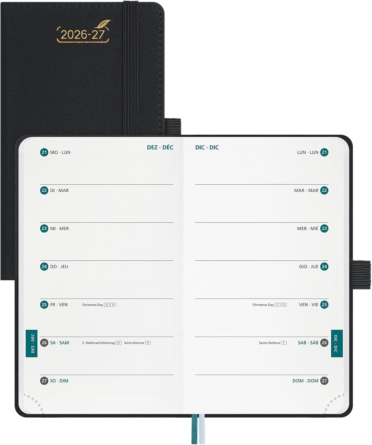 BEZEND Agenda 2026/2027 Settimanale Tascabile A6 15,5x9 cm, Copertina in PU Pelle Nera