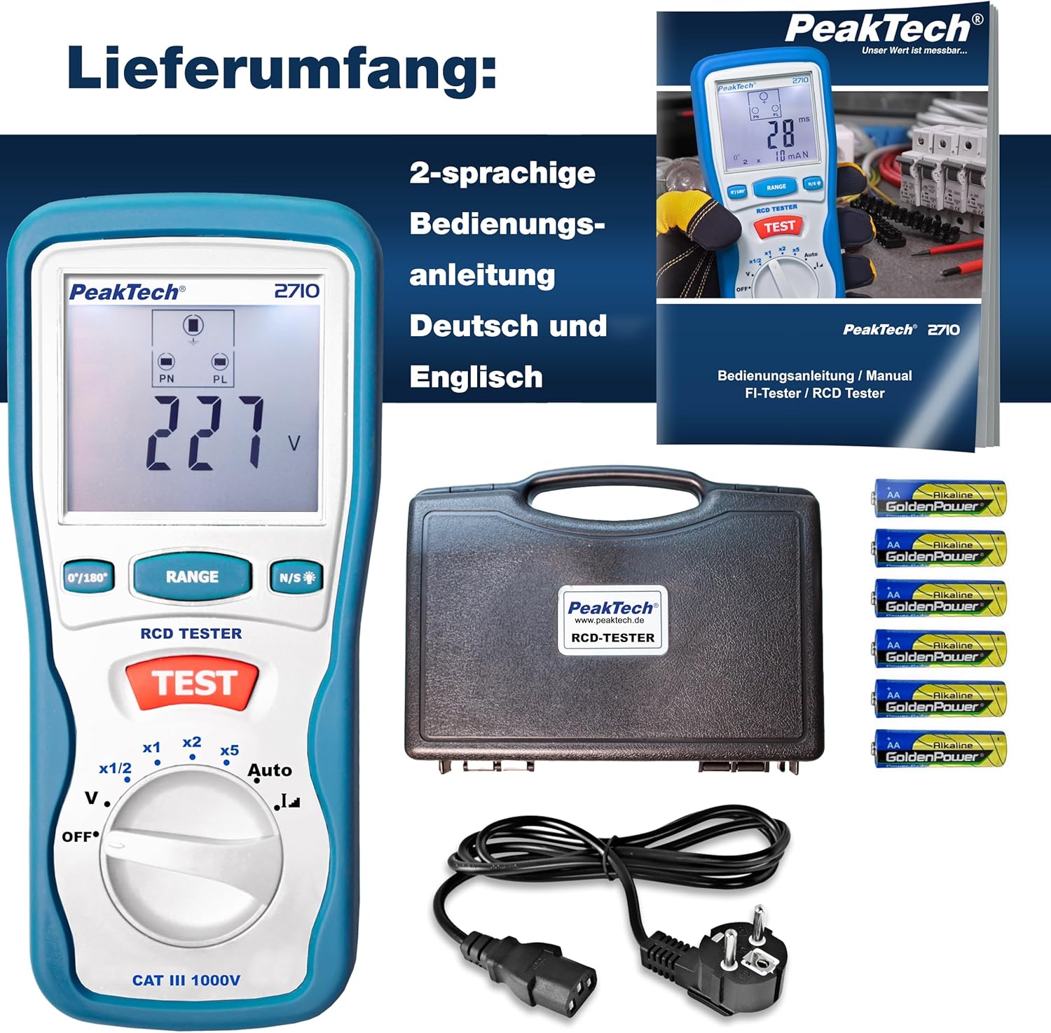 Detalle 2 de PeakTech P 2710 – Digitaler FI Tester für Auslösecharakteristik 230V/50Hz mit LCD-Display, CAT III 600V