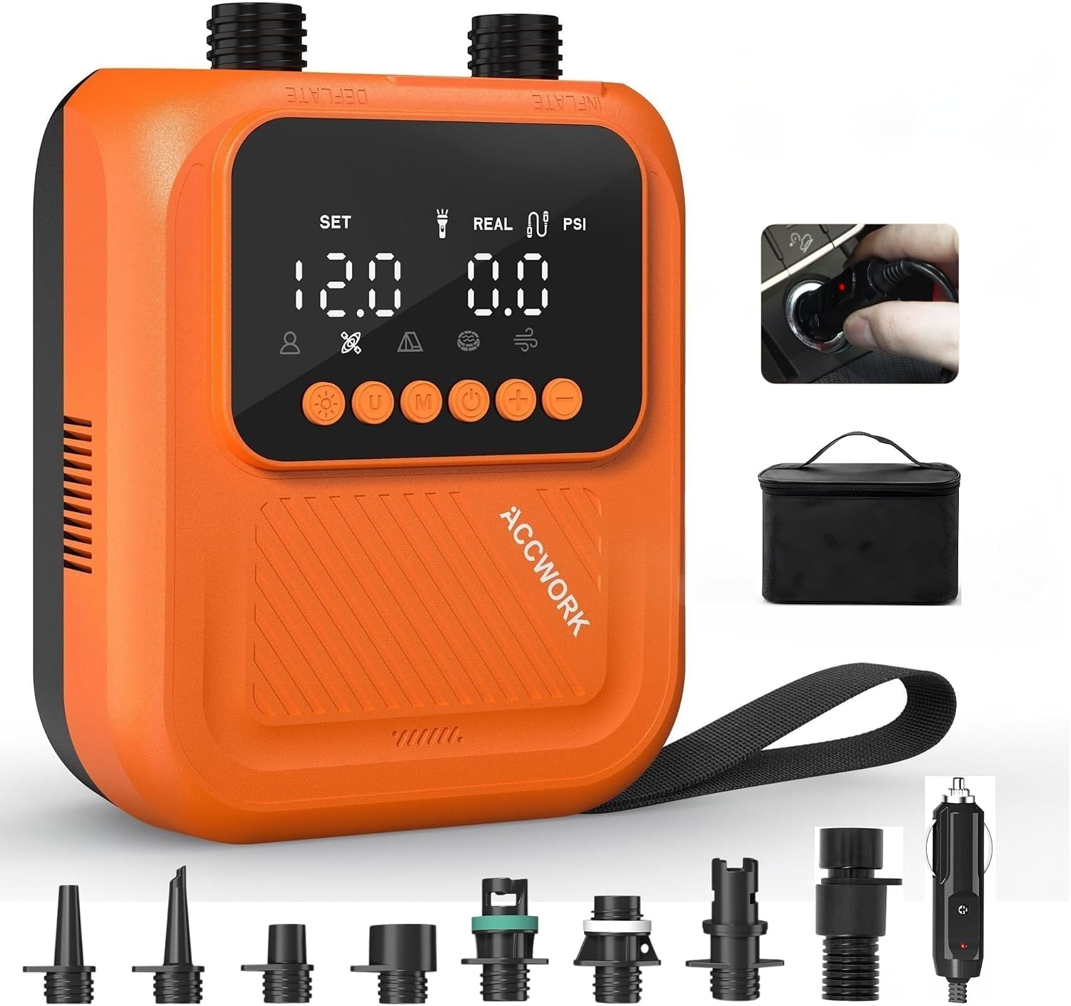 Detalle de Accwork Electric SUP Pump 20 PSI: 12V Car-Powered Dual-Stage Inflator with 7 Nozzles