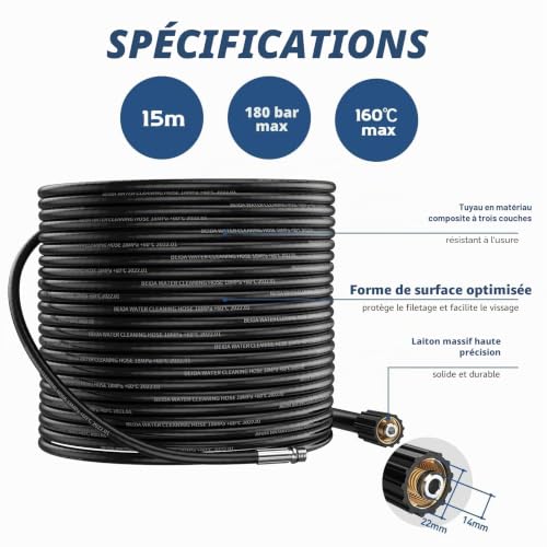 Detalle de OHAYORI 15m Tuyau Déboucheur Canalisation Haute Pression pour Kärcher K2–K7 et HD/HDs — Kit Furet Pro avec Buses et Adaptateurs