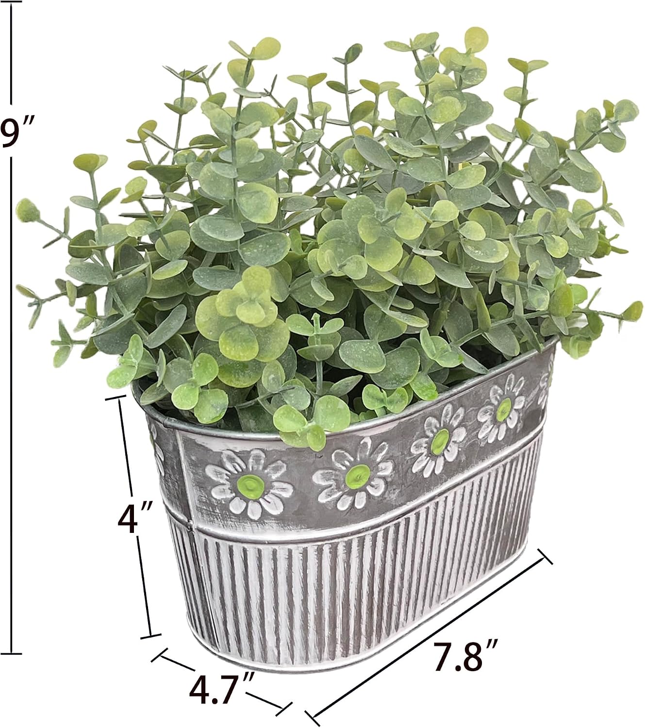 Detalle de Artificial Eucalyptus Plant in Rectangular Metal Pot with Green Flower Decoration – Farmhouse Desk Centrepiece