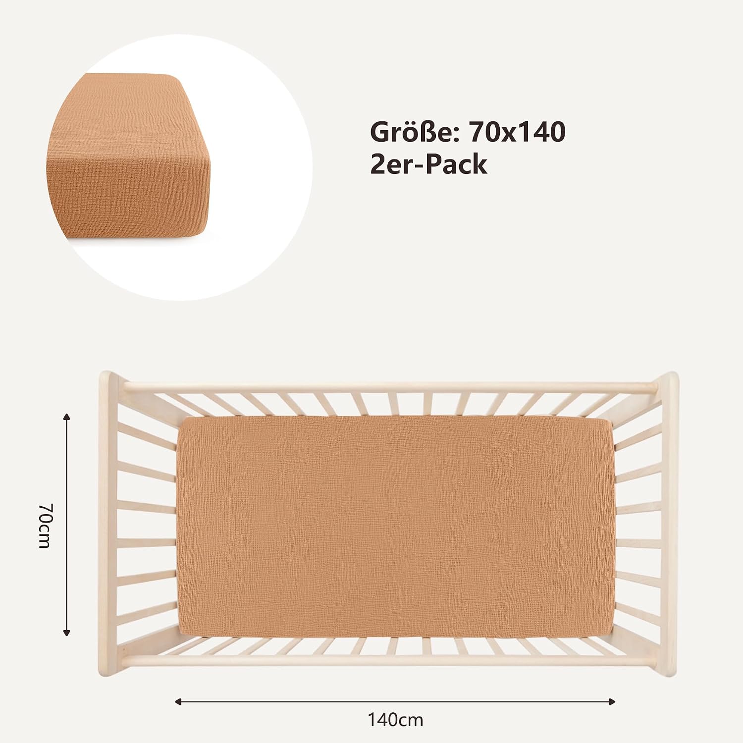 Detalle 2 de Bearmoss 2er-Set Kinder Spannbettlaken aus Musselin (100% Baumwolle), Braun, für 70x140 cm