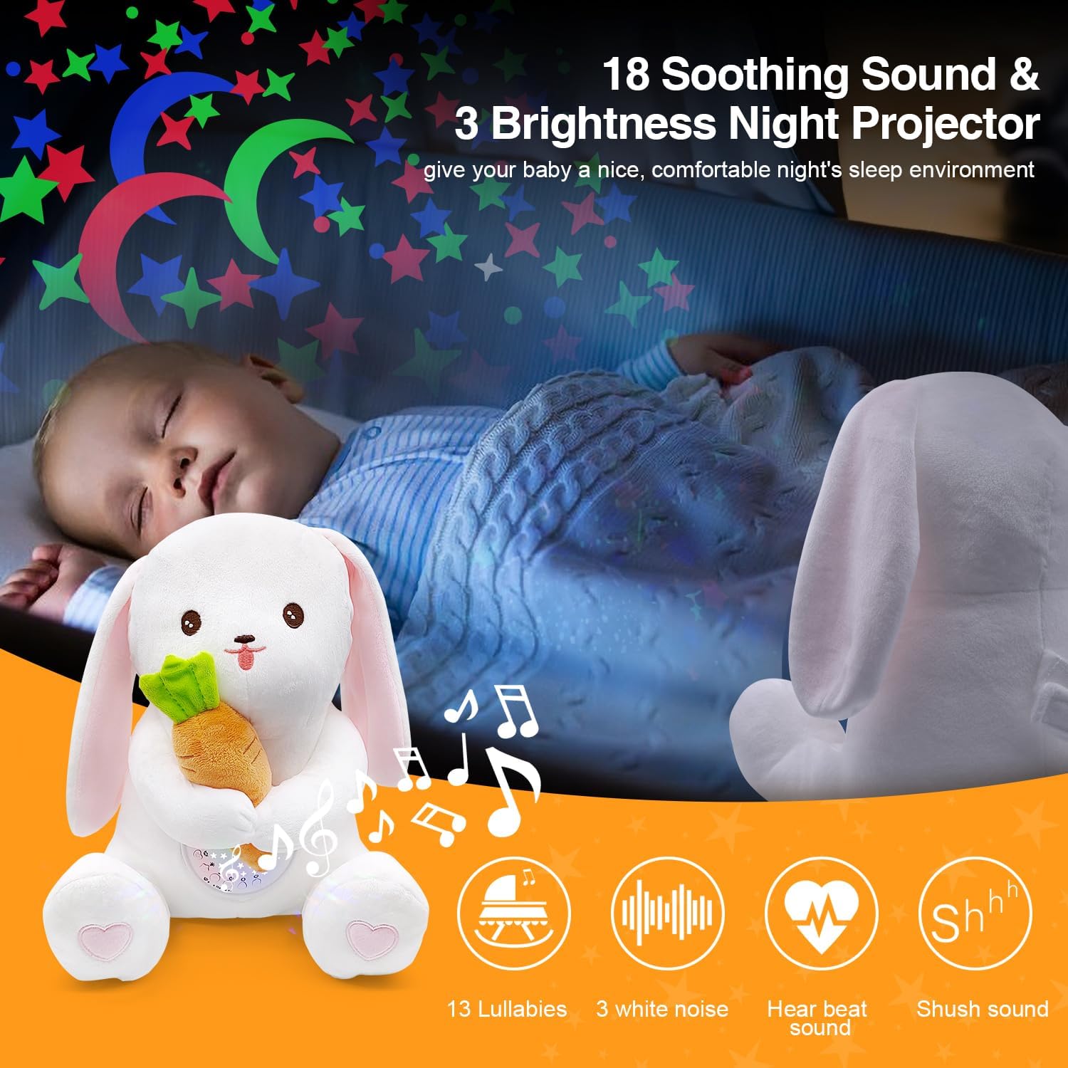 Detalle de APUNOL Peluche per la nanna con carillon, sensore di pianto e proiettore di stelle ricaricabile USB