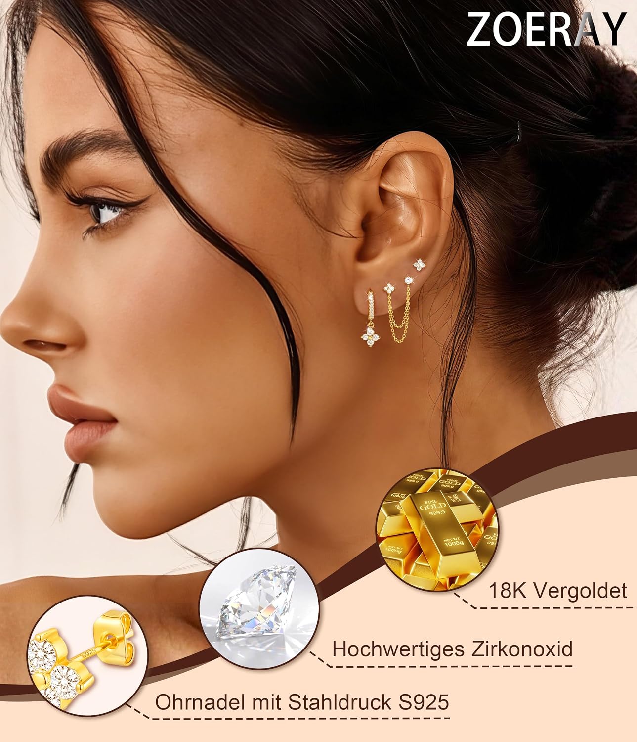 Detalle de ZOERAY 3 Paar Ohrringe Silber 925 / Gold – Vielseitiges 3er Set für Damen, wasserfest und hypoallergen