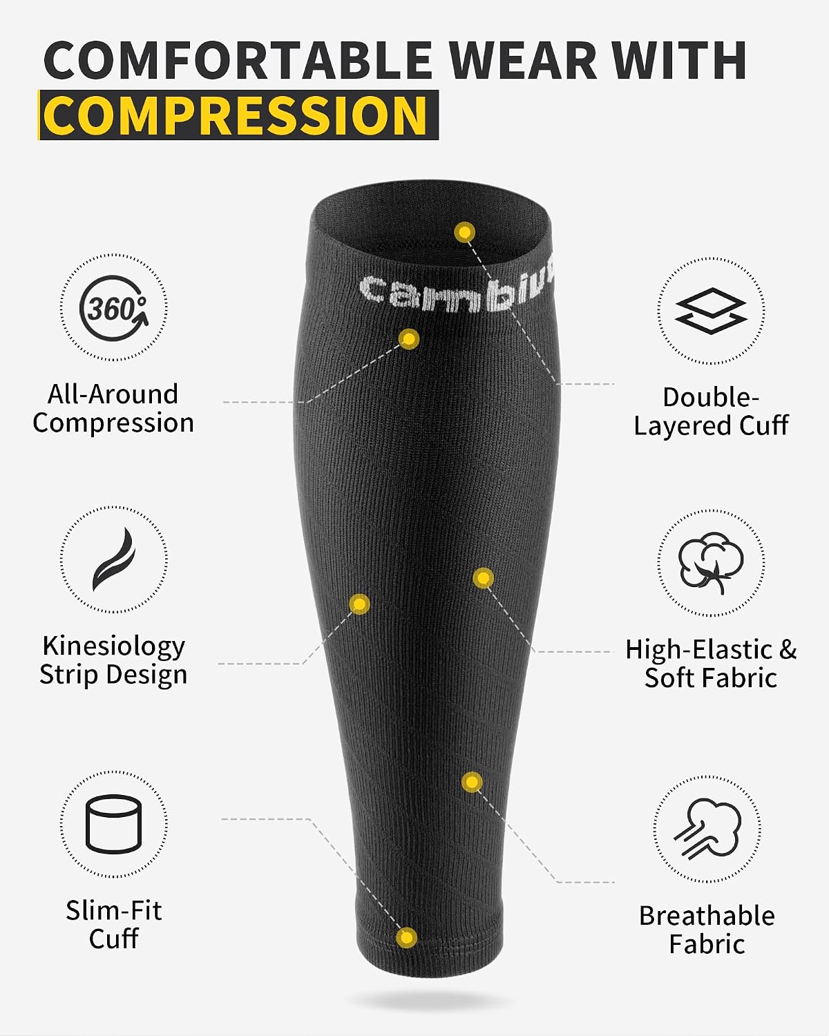 Detalle de CAMBIVO CS12 Calf Compression Sleeves, Footless, Breathable, 2 Pairs
