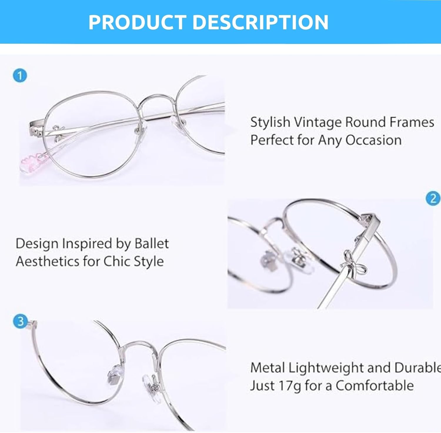 Thumbnail 4 de Firmoo Blue Light Blocking Glasses for Women, Retro Round Metal Frame – UV400, Bow165