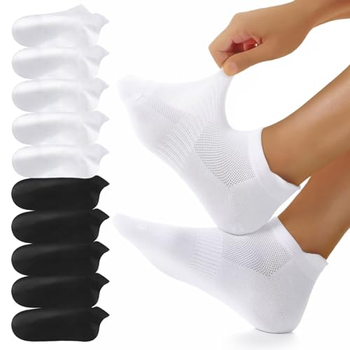 Detalle de YouShow 10 Pares Calcetines Tobilleros de Algodón para Hombre y Mujer – Antideslizantes, Transpirables para Running (Negro/Blanco, 39-42)