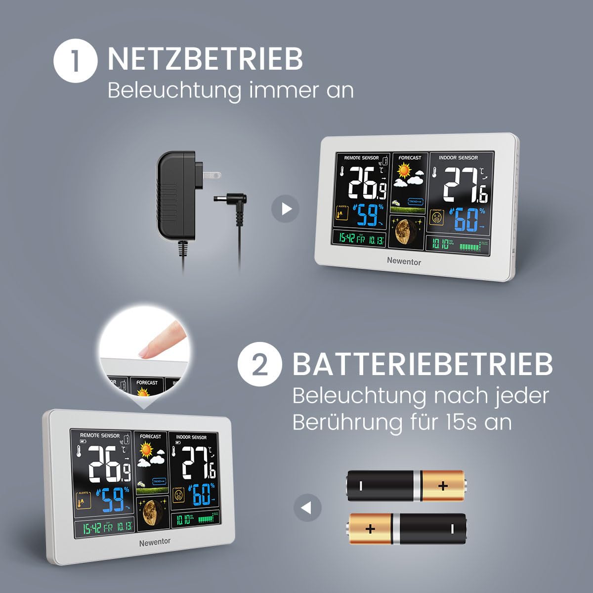Thumbnail 1 de Newentor Funk-Wetterstation mit Außensensor, DCF-Funkuhr und Wettervorhersage – inklusive Netzbetrieb