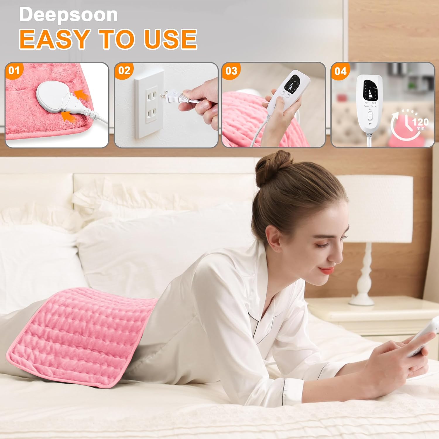 Detalle de Deepsoon TK-HP2412 Heating Pad, 6 Heat Settings, Pink, 24" x 12