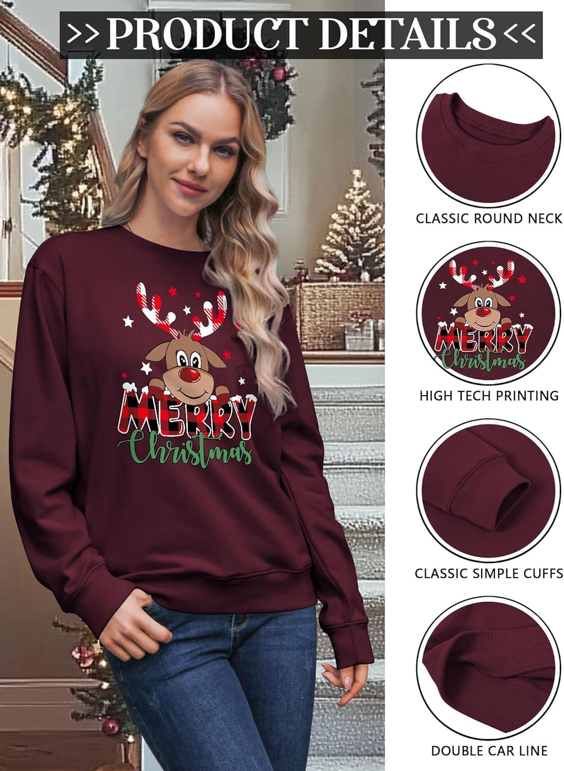 Detalle de Yihelian Damen-Sweatshirt mit Rentier-/Elch-Motiv aus Baumwolle – Rundhals-Weihnachtspulli