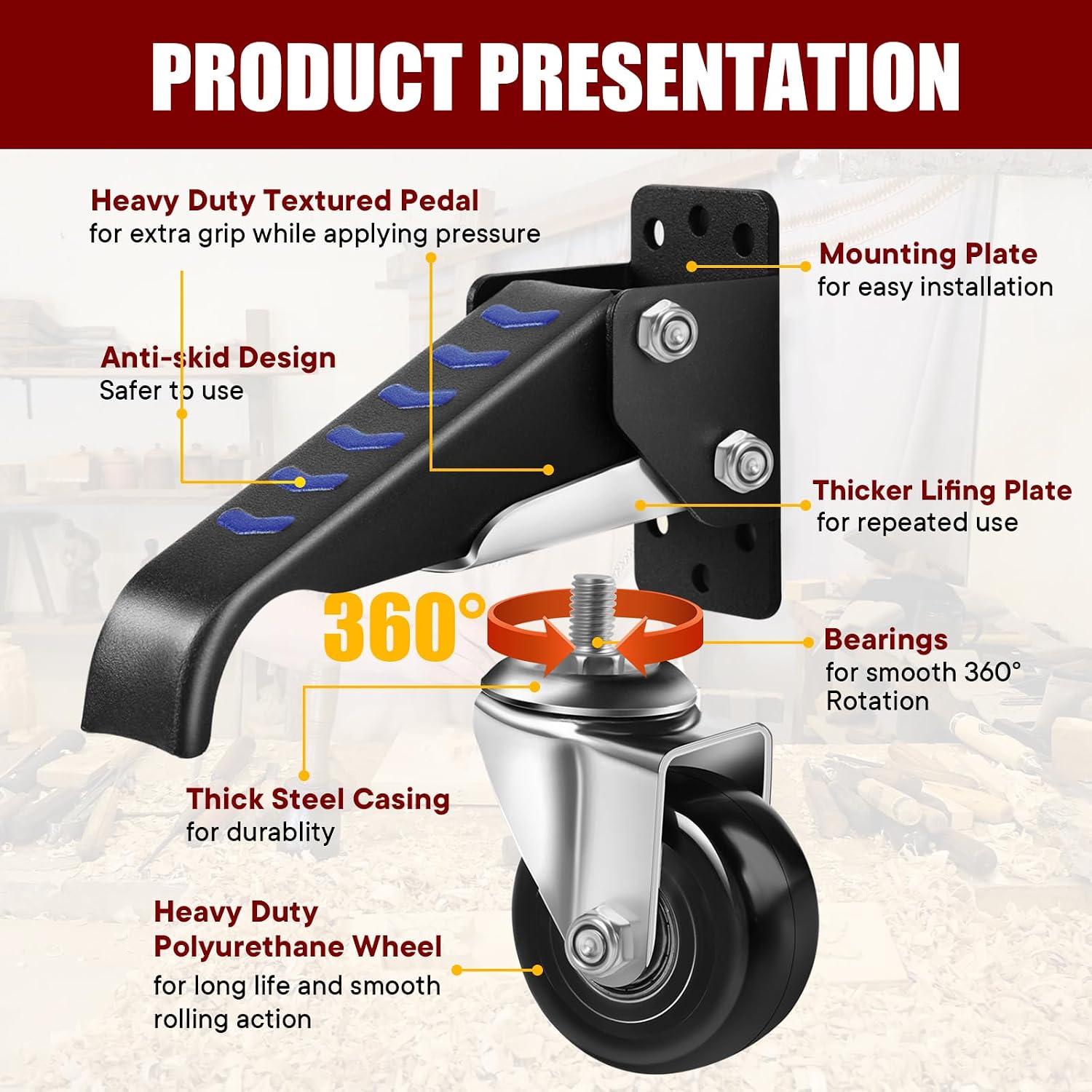 Detalle de Yeabett Castor Wheels 320KG: Heavy-Duty Retractable Casters (Set of 4) for 360° Mobility