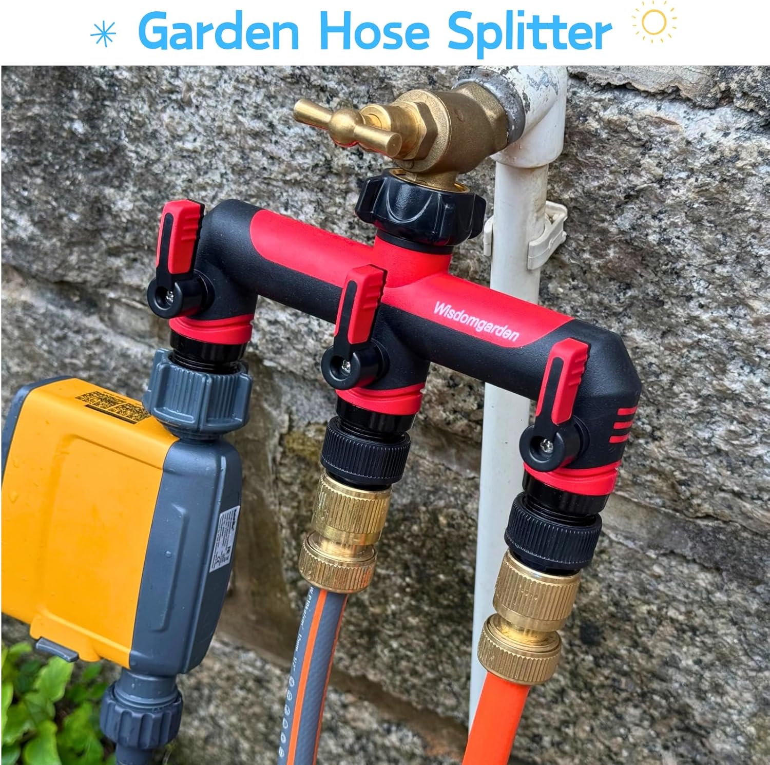 Thumbnail 4 de Wisdomgarden 3-Wege-Wasserverteiler für 3 Geräte am Wasserhahn (3/4 Zoll) – Wasserverteiler rot/schwarz