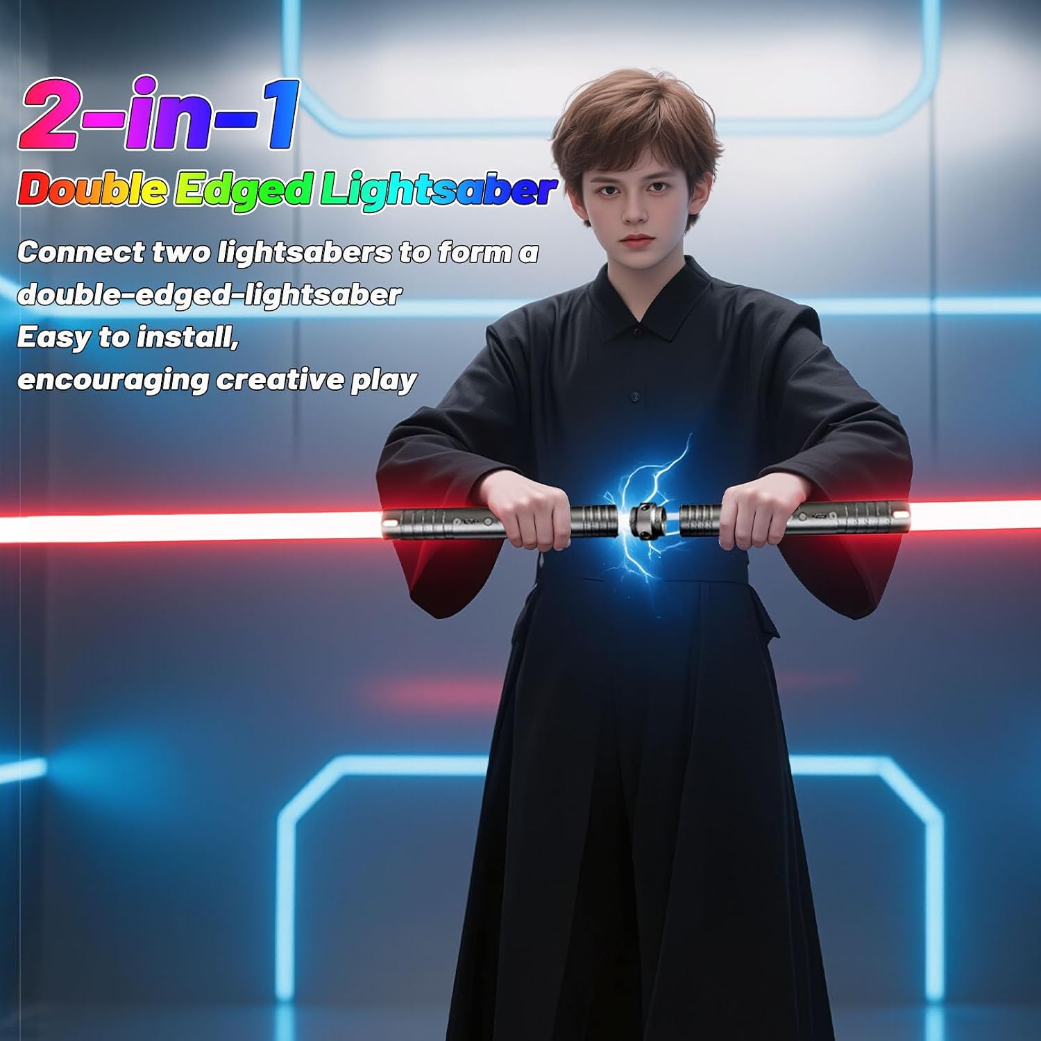 Detalle de CSNDICE kids RGB duelling lightsaber with 15 colours, 4 FX sounds and USB-C recharge