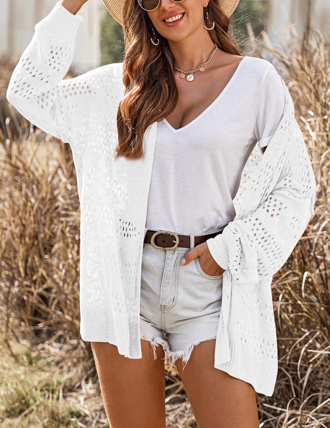 Detalle de HOTOUCH Lightweight Crochet Cardigan for Women – Open Front, Oversized Knit Sweater