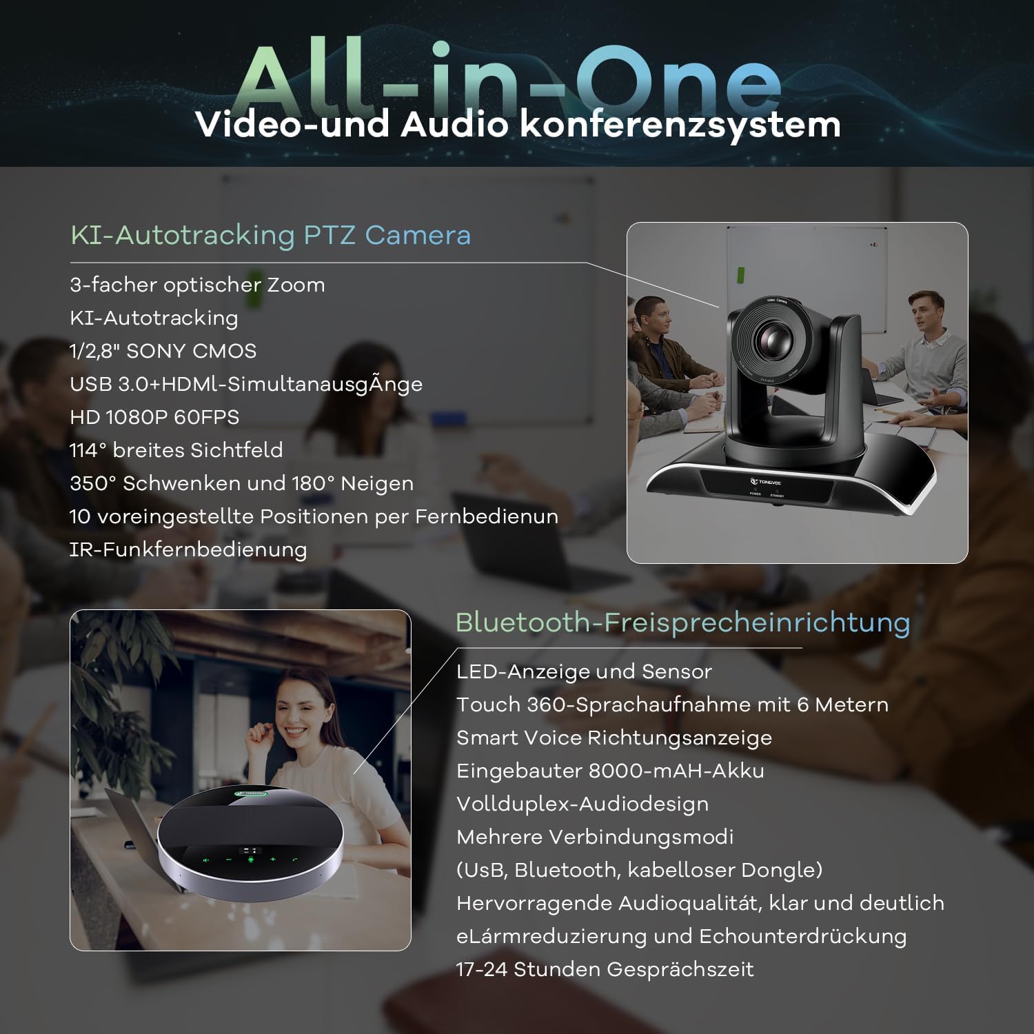 Detalle 2 de TONGVEO KI-Autotracking Konferenzraum-Kamera-System mit Bluetooth-Freisprechmikrofon, 1080p/60 fps und 3x optischem Zoom