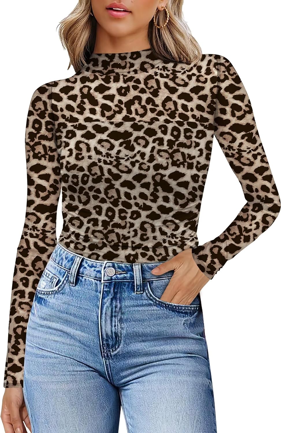 Thumbnail 6 de WIHOLL Sheer Mesh Mock Turtleneck Top for Women with Long Sleeves and Ruched Fit