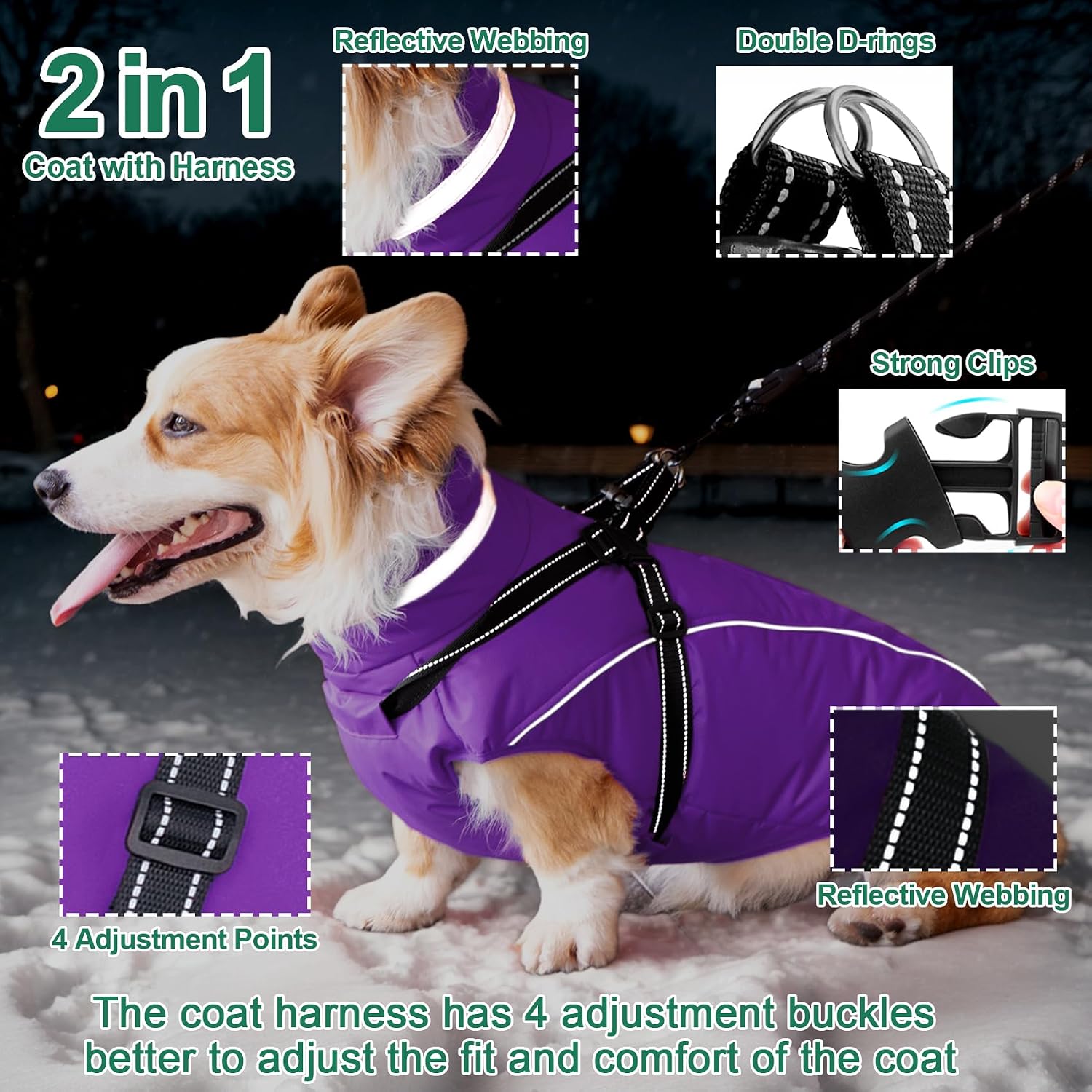 Detalle de Fragralley TC2021 Dog Coat with Built-In Harness, Waterproof Fleece Lining