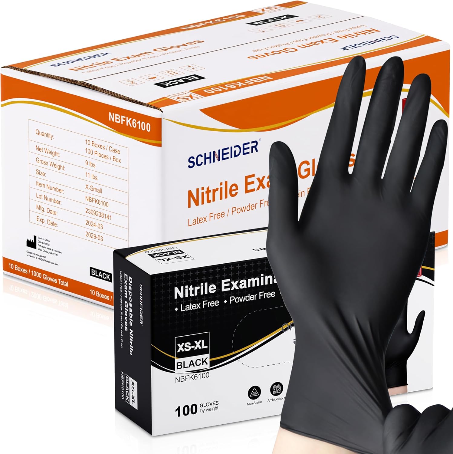 Schneider Nitrile Exam Gloves, Black disposable