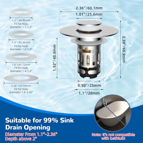 Thumbnail 6 de Hibbent Upgraded 3 in 1 Bathroom Sink Drain Strainer, Pop Up Stopper