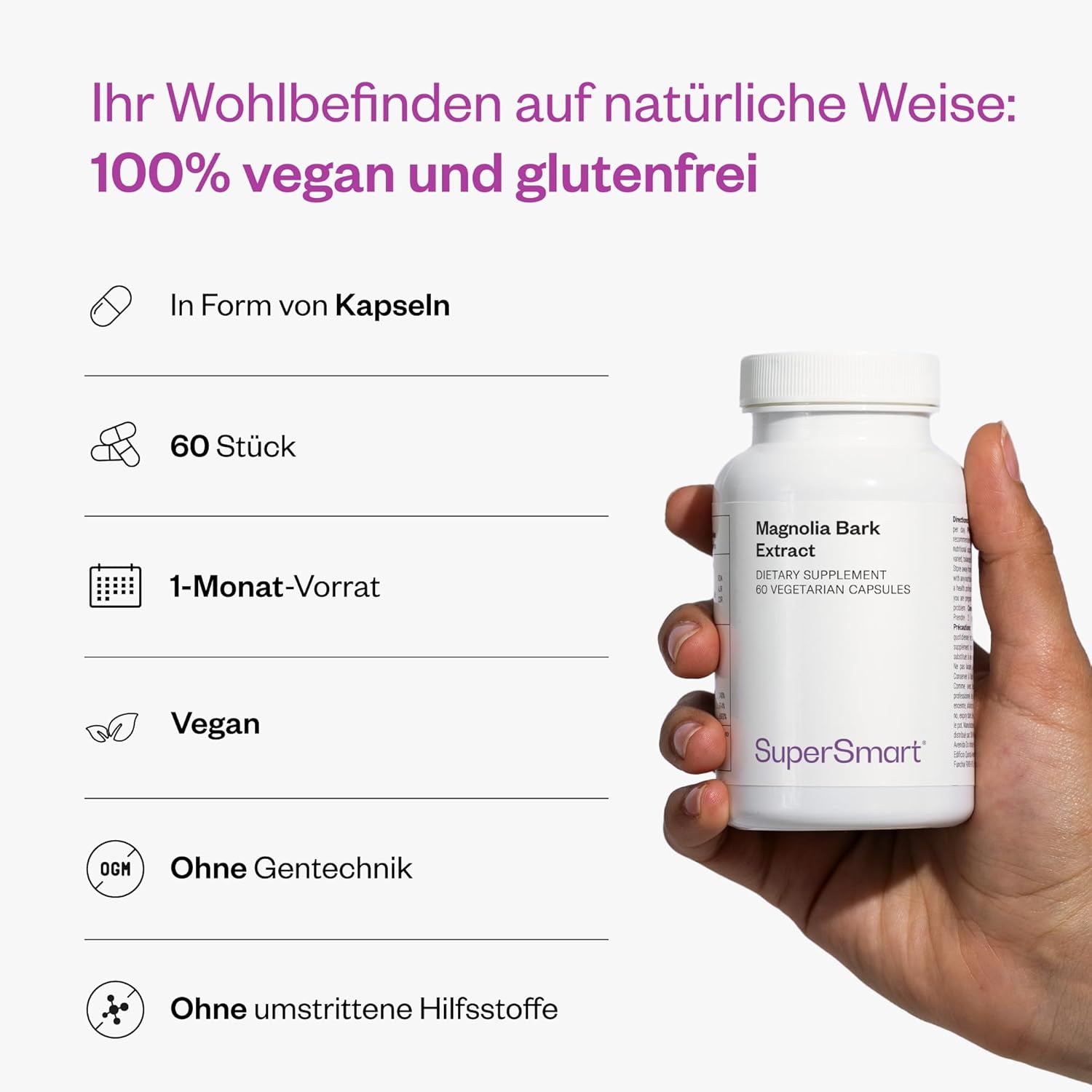Detalle de Supersmart Magnolia-Rindenextrakt (standardisiert 90% Honokiol & Magnoliol) – vegan gegen Angst- und Stressgefühle ohne Müdigkeit