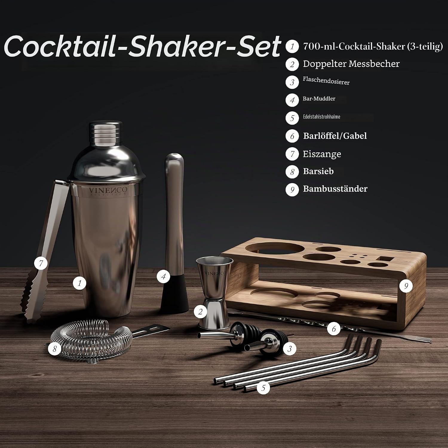 Thumbnail 2 de Cocktail Shaker Set mit Ständer & Rezeptbuch – Premium Edelstahl Barset inklusive Zubehör