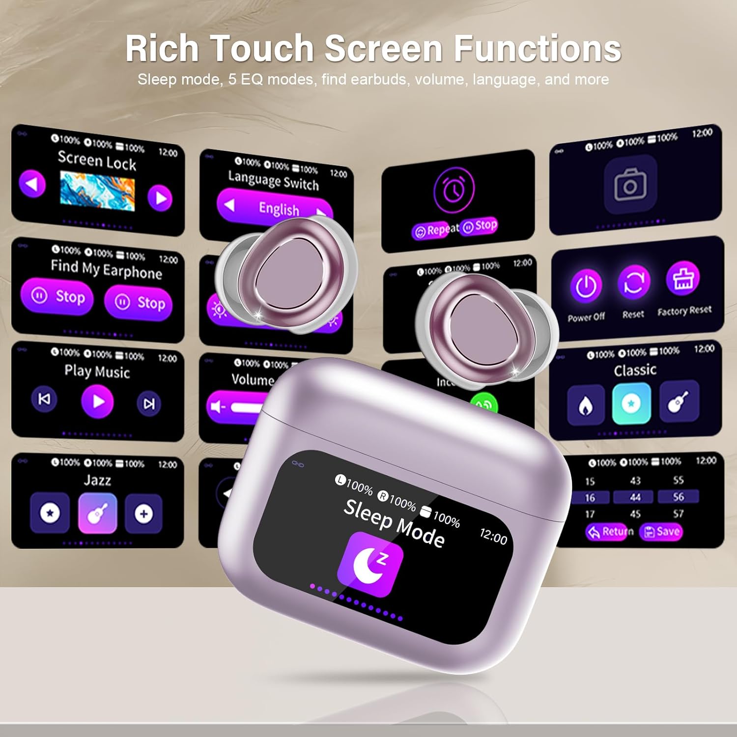 Thumbnail 2 de Wireless Sleep Earbuds with Smart Touch Screen (Purple)