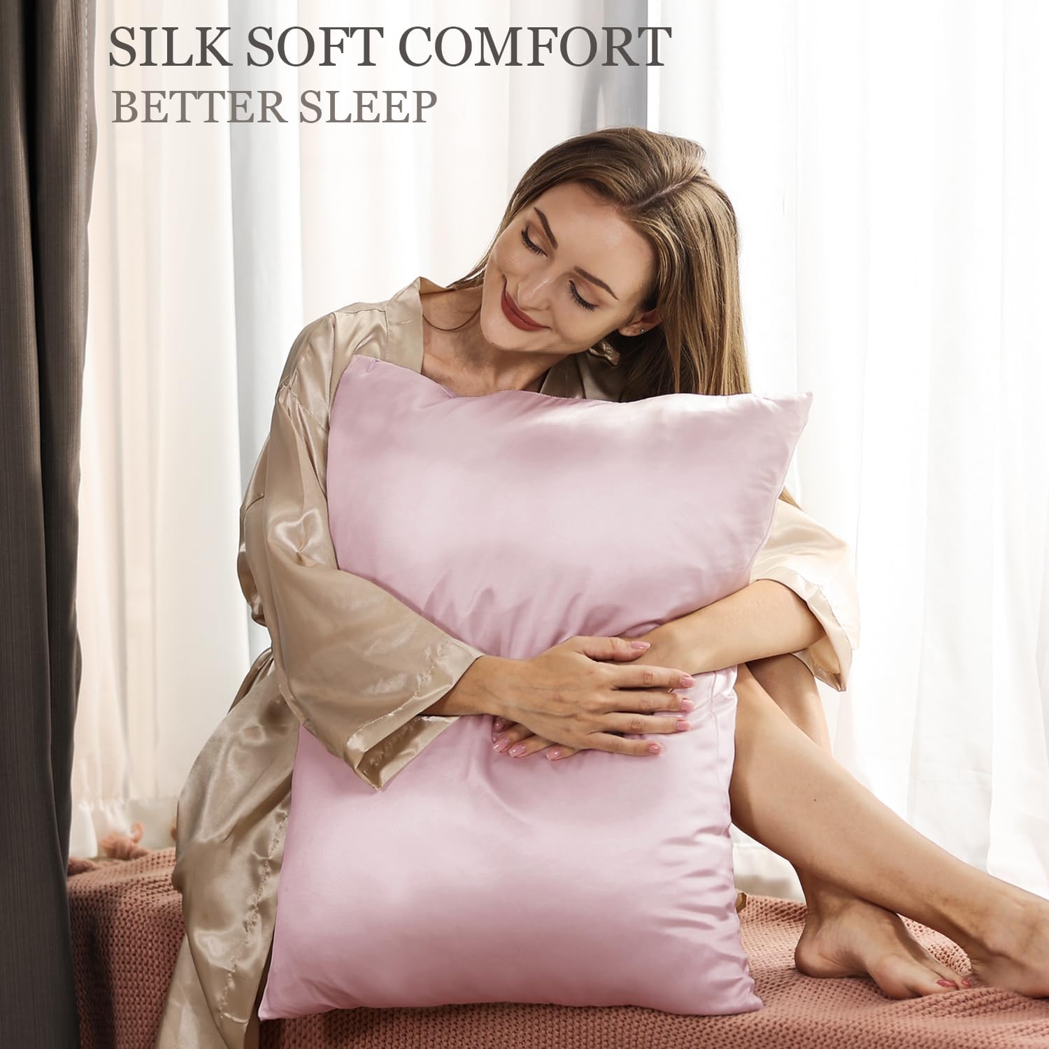Detalle 2 de Adubor 100% Seidenkissenbezug (23 Momme, 40x80 cm) mit verstecktem Reißverschluss, Rosa – 1 Stück