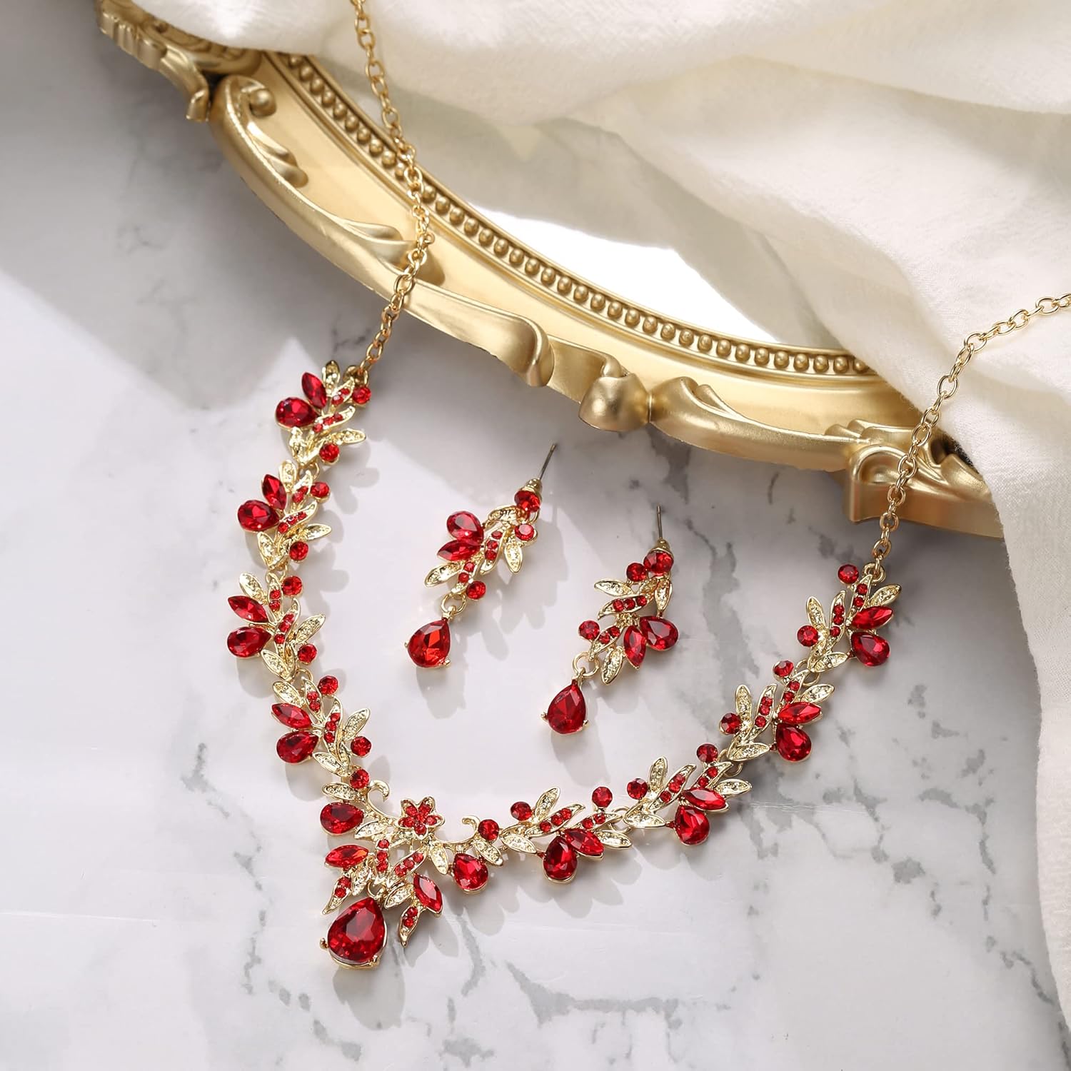 Thumbnail 2 de Parure bijoux de mariage Clearine : collier + boucles d’oreilles cristal feuille/fleur