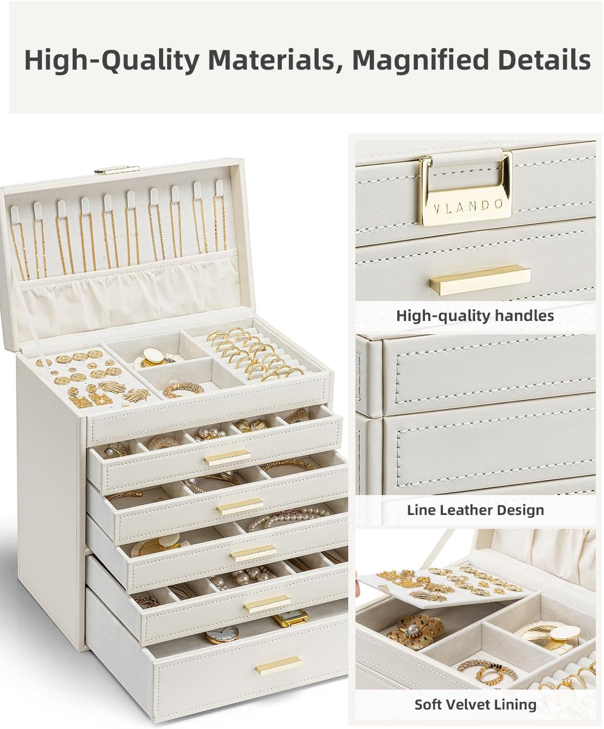Detalle de Vlando Modern Joyero Grande: organización elegante con 6 niveles y 5 cajones extraíbles