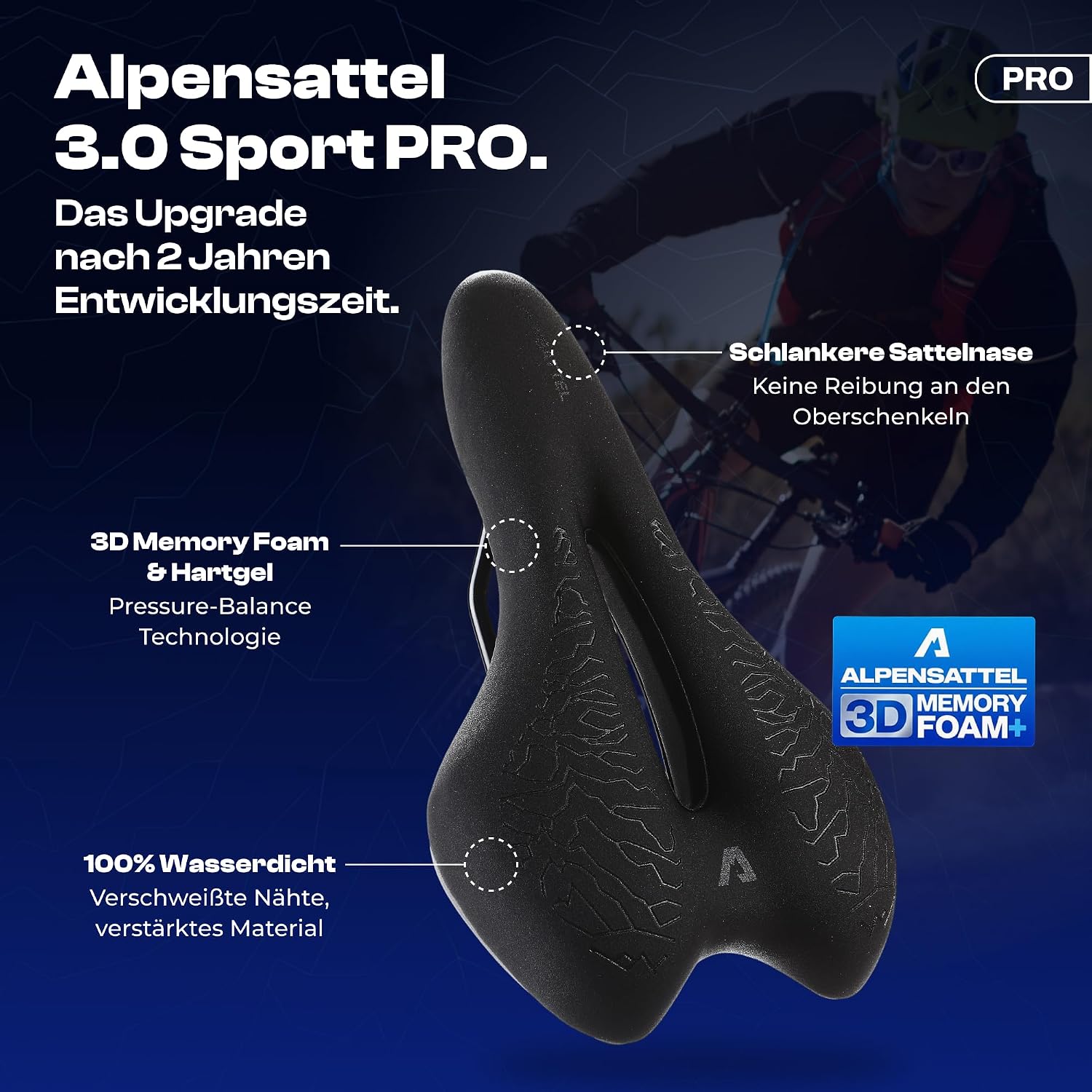 Detalle 2 de ALPENSATTEL Ergonomischer Fahrradsattel Sport PRO – 3D Memory Foam, universell einsetzbar