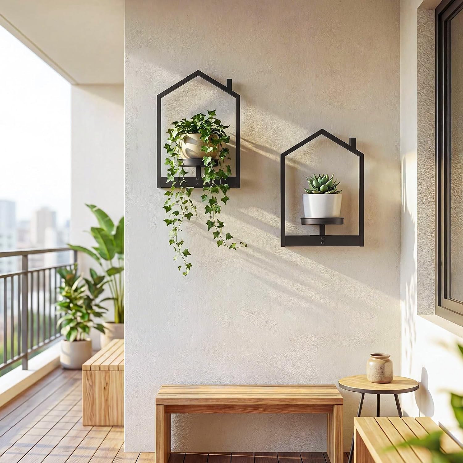 Detalle de HOOBRO Porta Piante da Interno da Parete con Vassoio Rimovibile — Mini Casetta in Metallo Nero per Decorare Pareti
