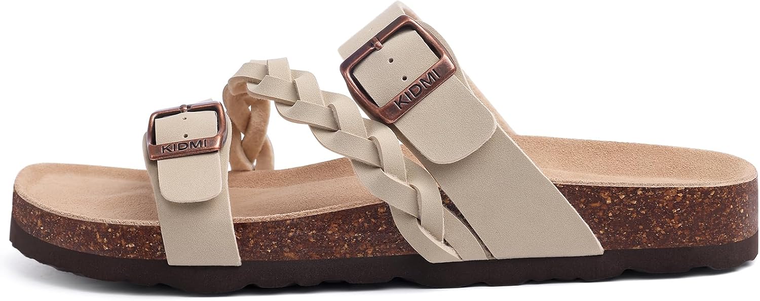 Detalle de KIDMI Women's Cork Footbed Sandals with Arch Support – Comfortable Slip-On Slide with Adjustable Buckle